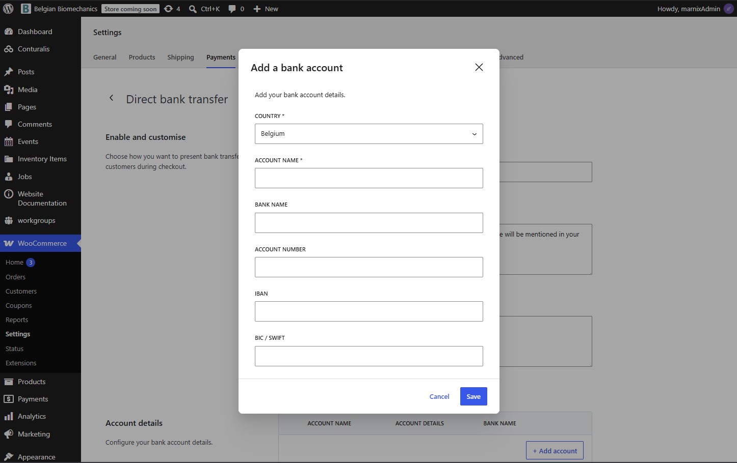 WooCommerce Direct Bank Transfer BACS Configuration Screen